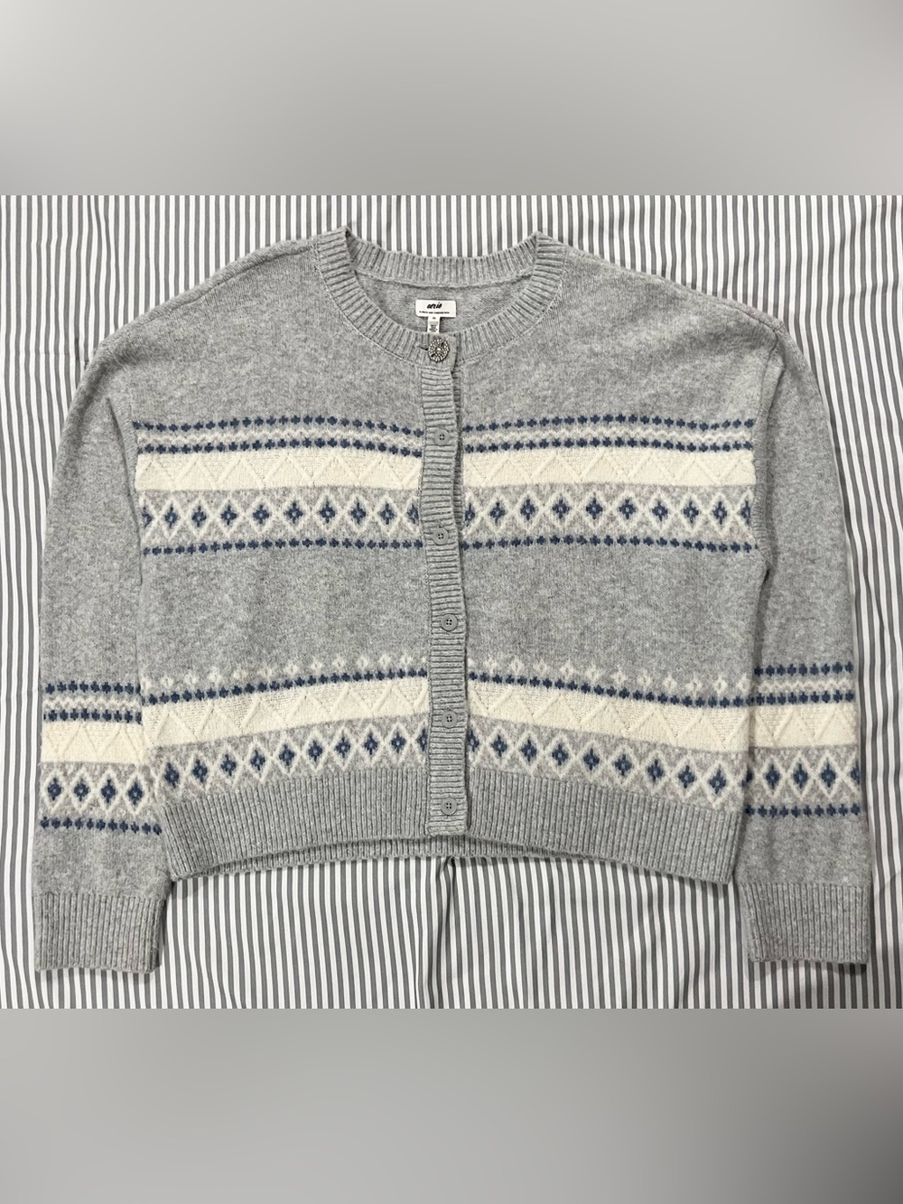 Aerie Grey Fair Isle Button-Up Cardigan Sweater